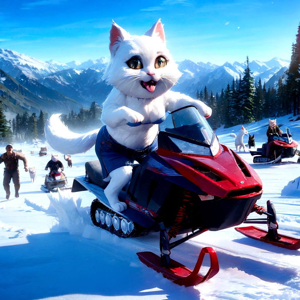 araffe on a snowmobile with a woman in a bikini, white ( cat ) girl, white cat girl, trending on cgstation, electric cats that fly over ice, 3 d animated movie, wojtek fus, amazing cgi, white cat, fox, running cat, very beautiful cute catgirl, cgi art, adorable digital painting, acrace catoon