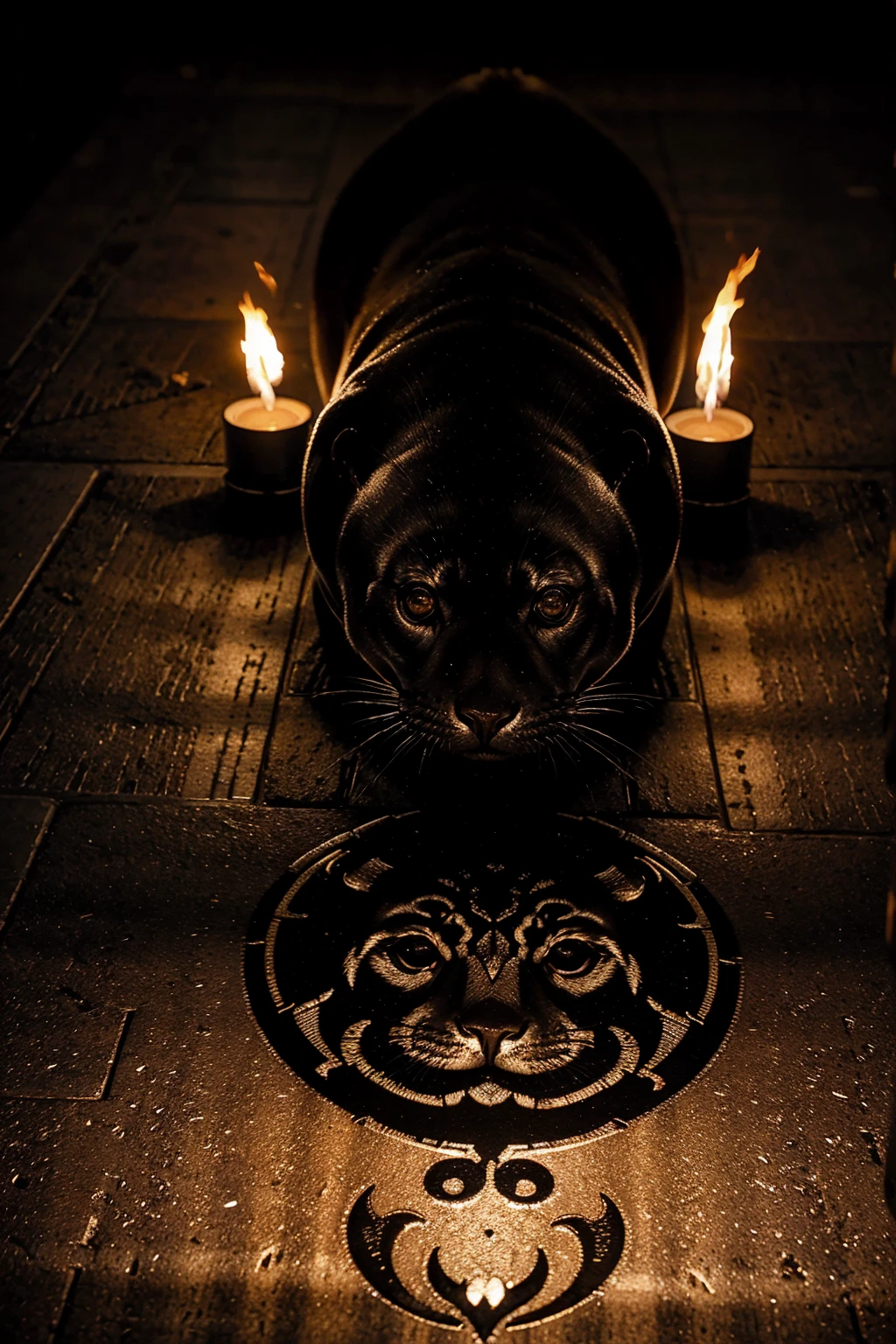 A demonic seal drawn on the floor in intricate detail, lit by flickering torches.cinematic,Realistic, cinematic, high 8k resolution,hyperrealism,cinematic lighting, professional photography,