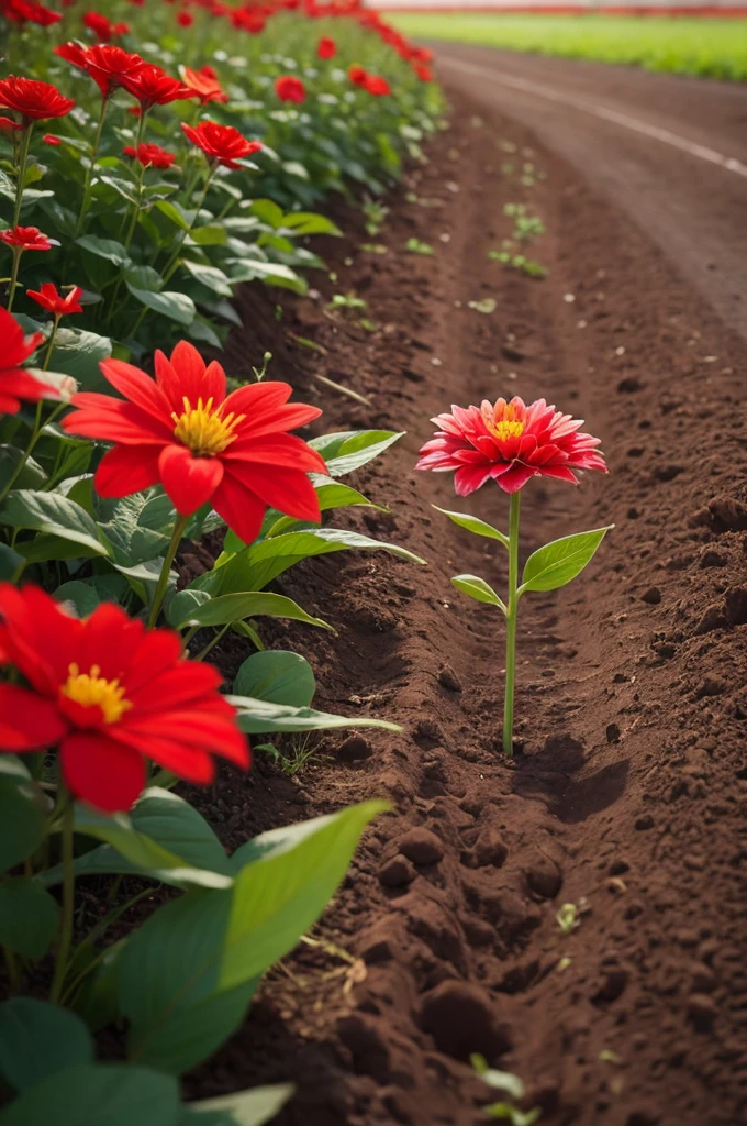 A red flower growing in the ground