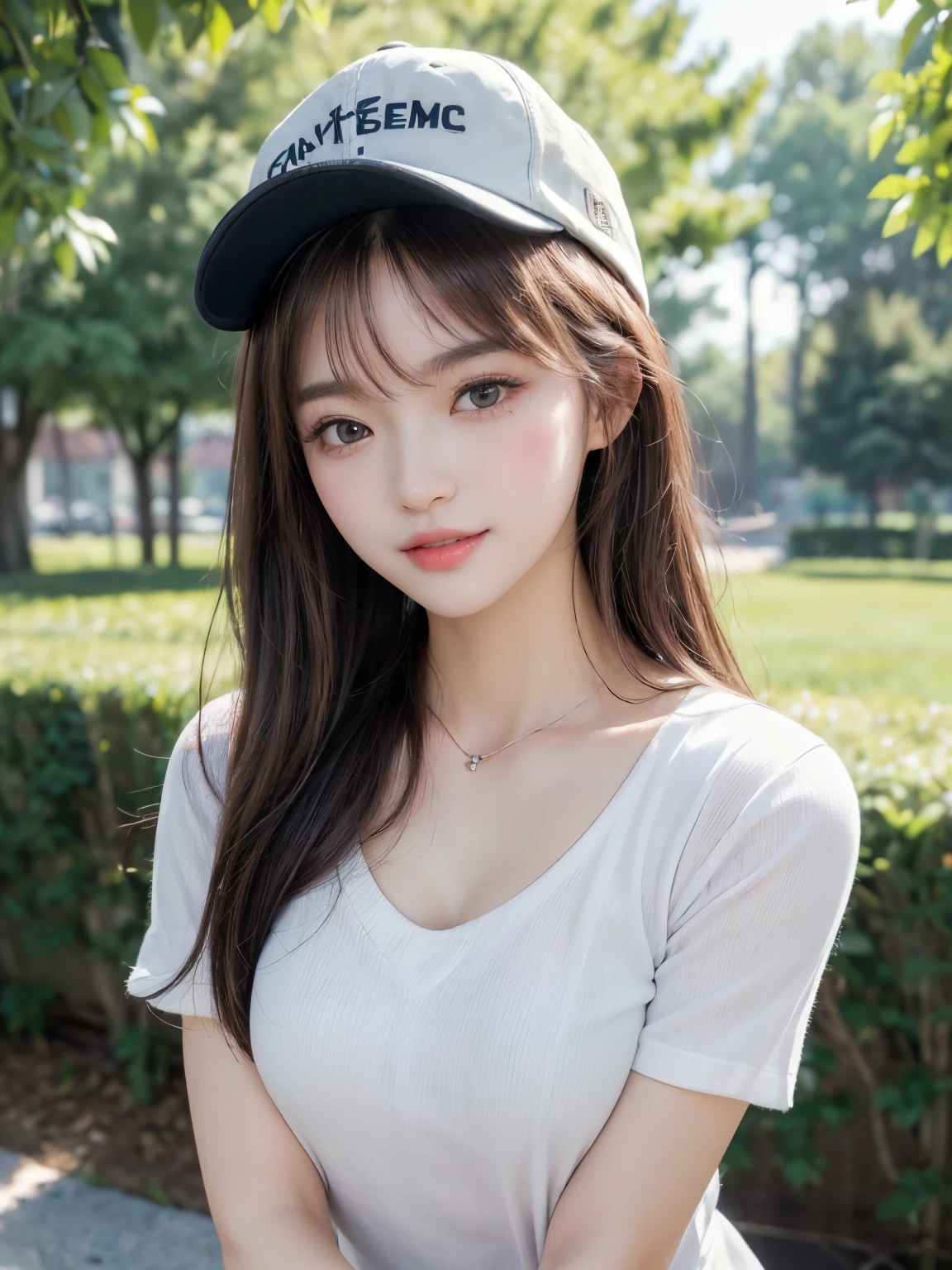 ((masterpiece: 1.3),8K, Realistic, RAW Photos, Highest quality: 1.4), (One Girl), beautiful顔, (Realistic Face), (Brown long hair: 1.3), bangs, Anatomically correct fingers、Anatomically correct hand、((Summer Park))、(((Short sleeve,Cap Hat))、Perfect dynamic composition,(High quality with attention to detail, Realistic depiction of eyes:1.3)、whole body、The whole is facing forward、21talent、beauty、Well-formed face、Bangedium Build、Balanced ratio、beautiful足、Fresh face、beautiful景色、beautifulヘアスタイル, (bangs), (smile), smile, Realistic eyes, Gloss, highlight, highlight in the Eyes, eyelash, 目の中のbeautifulディテール, (Realistic Skin), Shooting from the air、beautiful肌, Transparency、(beautiful)、 bust, smile, teeth, Confused, charm, 超High resolution, Ultra-realistic, High resolution, Golden Ratio, Clear eyes, Wet, Mole, Looking into the camera, ear, Shine, Long neck, double eyelid, Big eyes, cheek, kind character, charm personality, kind, Move, 圧倒的なcharm, bright personality