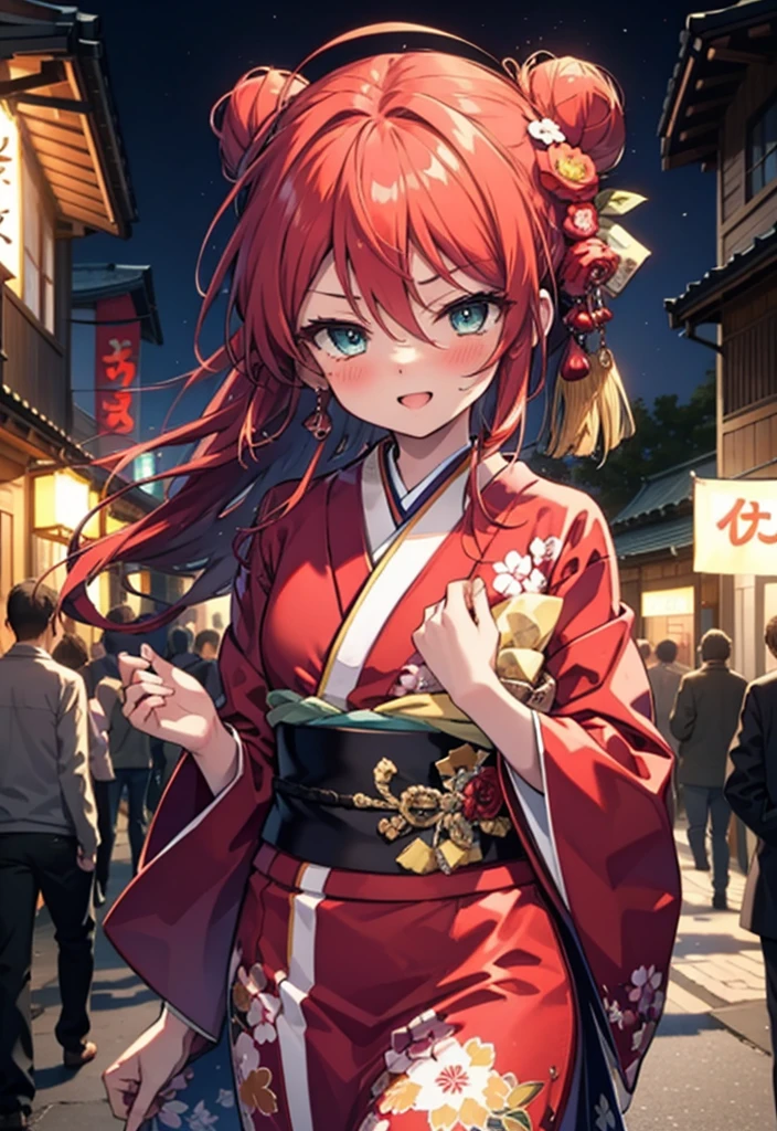 Shana,灼眼のShana,Long Hair, Red hair,Red eyes,Ahoge,smile,blush,Open your mouth,Hair Bun, single Hair Bun,blush,Red Kimono,Thick sleeves,Red long skirt,日本のfestival,夏festivalの屋台,Red lantern,So that the whole body goes into the illustration,Walking,　　　　　　　　　　　  break looking at viewer, Upper Body (Cowboy Shot:1. 5),  　　　　　　　　　　　　　　　　　　break outdoors, shrine,festival, 　　　　　　　　　　　　　break (masterpiece:1.2), Highest quality, High resolution, unity 8k wallpaper, (shape:0.8), (Beautiful and beautiful eyes:1.6), Highly detailed face, Perfect lighting, Highly detailed CG, (Perfect hands, Perfect Anatomy),