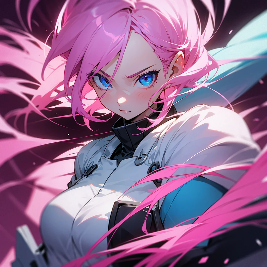 Pink-haired girl with blue eyes reaching her limit, showing all her power!