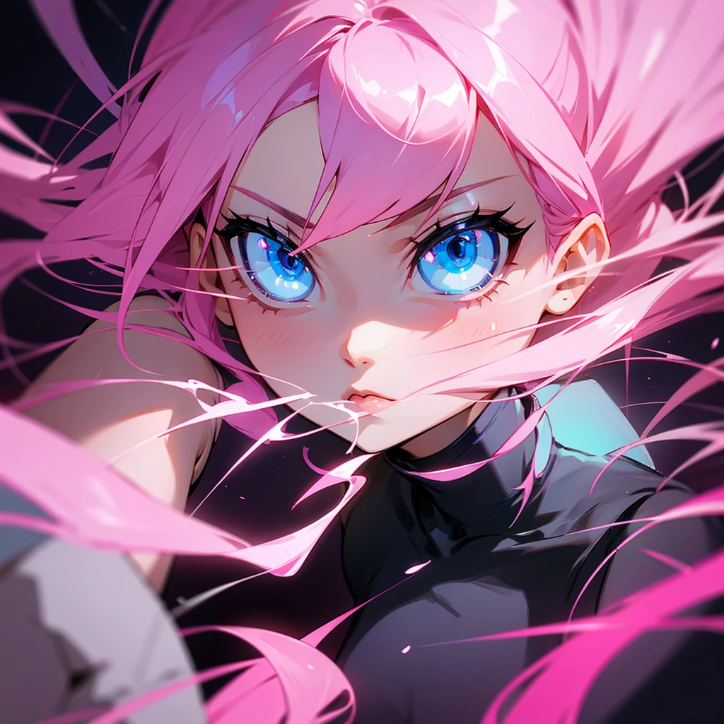 Girl with pink hair, blue eyes, wounded and bleeding, full of blood.