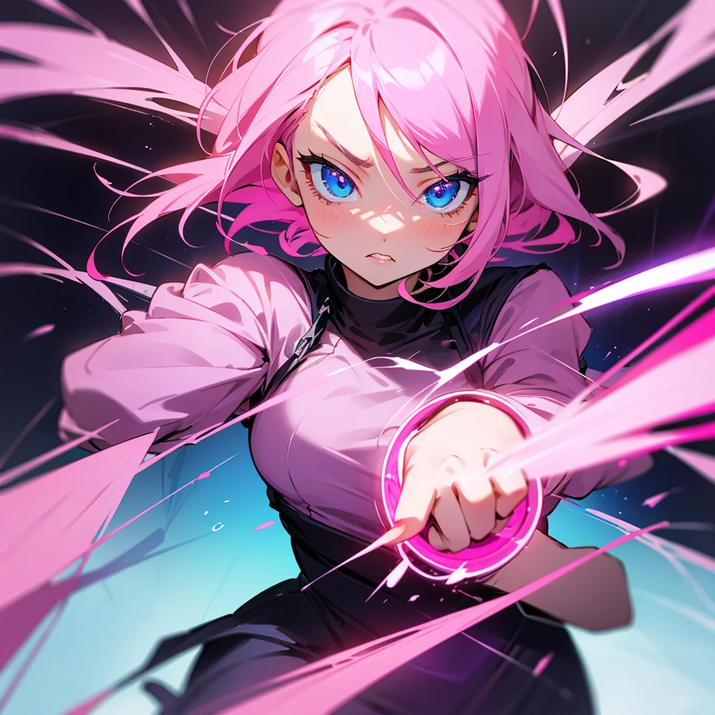 Pink-haired girl with blue eyes reaching her limit, showing all her power!