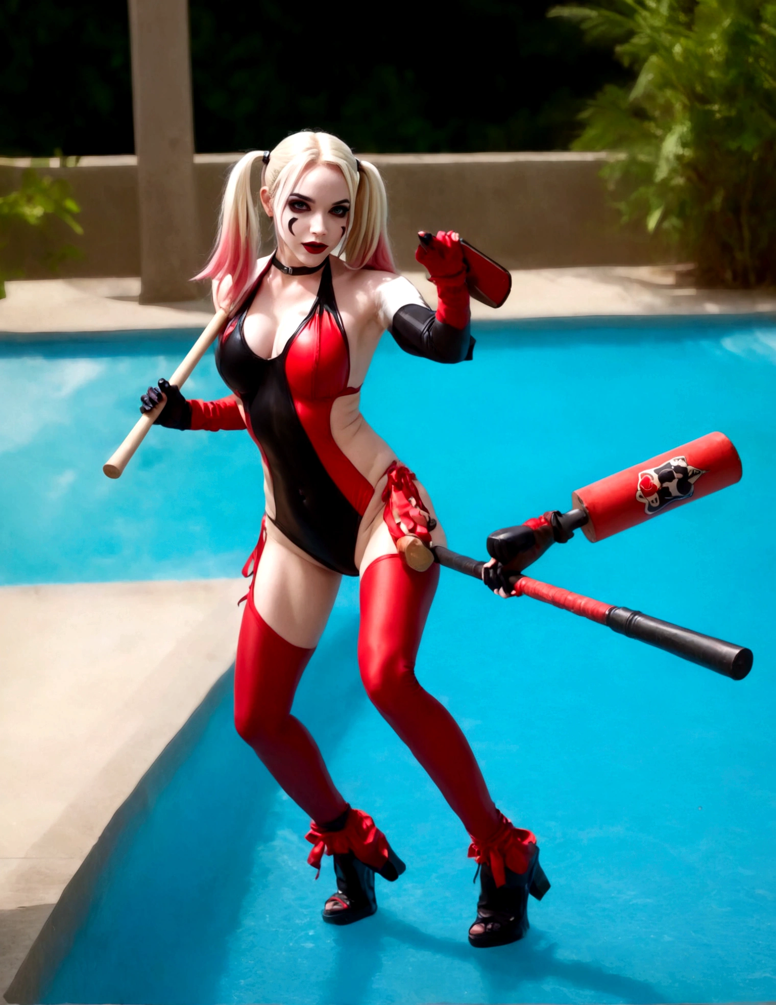 A cute woman in a Harley Quinn cosplay, wearing a sexy red and black swimsuit, striking various provocative poses by the poolside, large fake weapons like baseball bats and mallets scattered around, vibrant colors, highly detailed, photorealistic, 8K, studio lighting, dynamic composition
