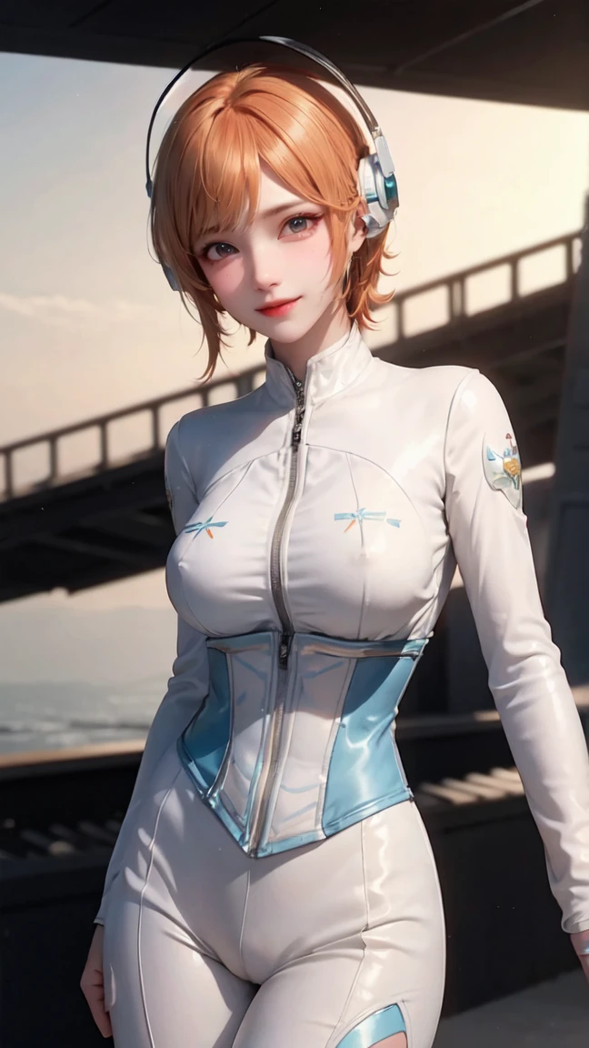 Gwen Tennyson,1 girl,marker,Elsa,Rebecca Chambers,watch,Gundam,close up,mecha pilot,aircraft carrier deck,white and blue jumpsuit,clip,pirate corset, white long sleeve lycra blouse,legging laranja,shorth hair,Cute makeup,greeneyes,orange hair with aqua highlights,shy smile, freckles,redheadwear,beautiful girl,breasts big,ultra detaild,realisitic,Fantasyart, gaming headset,Pilot jacket,helicopter,