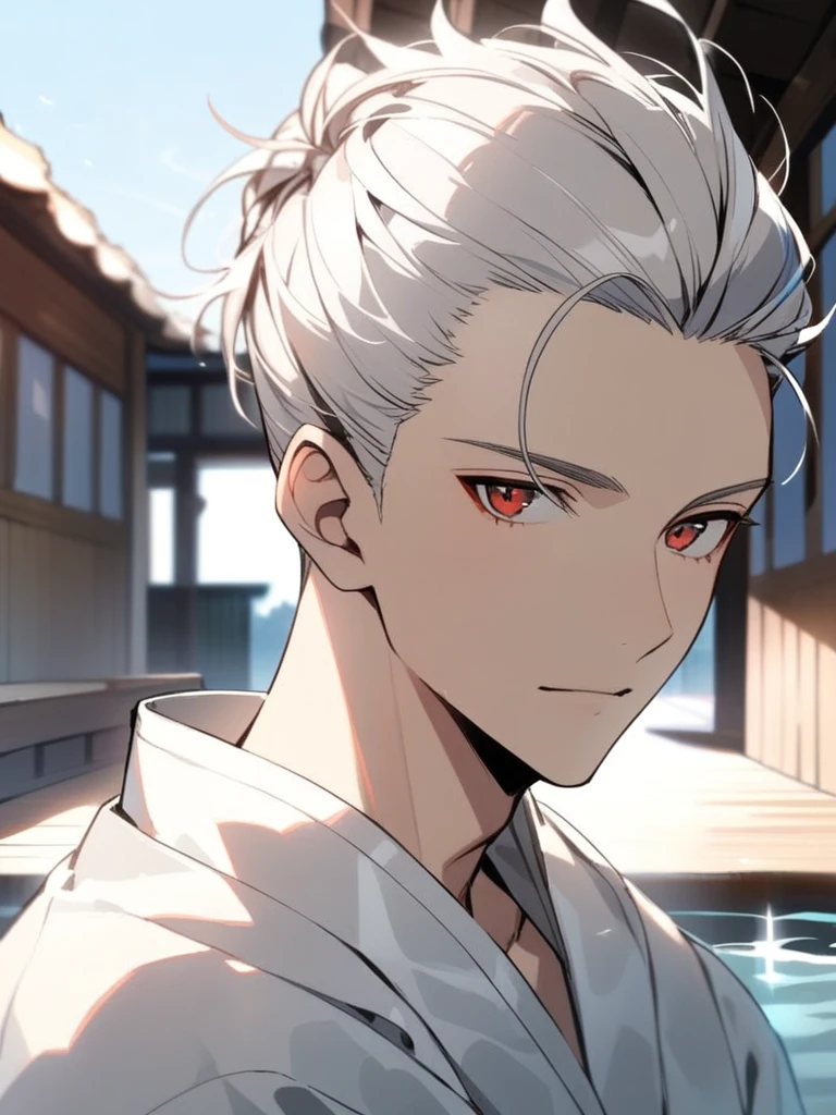Young man, headshot, short white pulled back hair, pale red eyes, Streaks of blue in his hair, Slim build, White silk robes, pretty, handsome, White hair, Bath house in the background