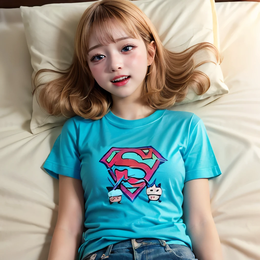 Bright Red in White, (Masterpiece 8K TopQuality:1.2) (ProfessionalPhoto:1.37) PUNIPUNI ExtremelyDetailed (((a KAWAII girl in "Super Bitch" T-shirt:1.4))) (Lying on back from DirectlyAbove)