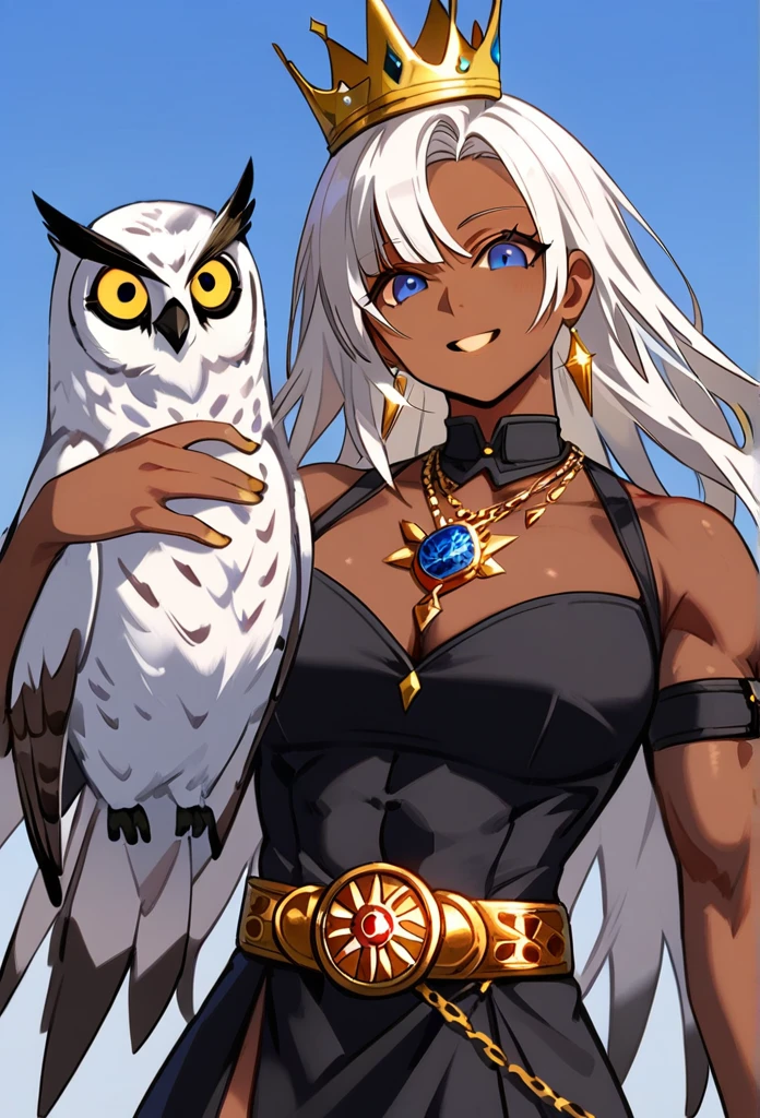 masterpiece, best quality, upper body, score_9,beautiful woman,1white owl, dark skin, white hair, sky blue eyes, black dress, yellow crown, black jewels in the crown, gold belt, gold earrings, gold necklace, tall, athletic build, muscular arms, confident smile, black and gold high heels, bright,white background,close up, holding fluffy white owl,detailed,holding white owl, holding cute