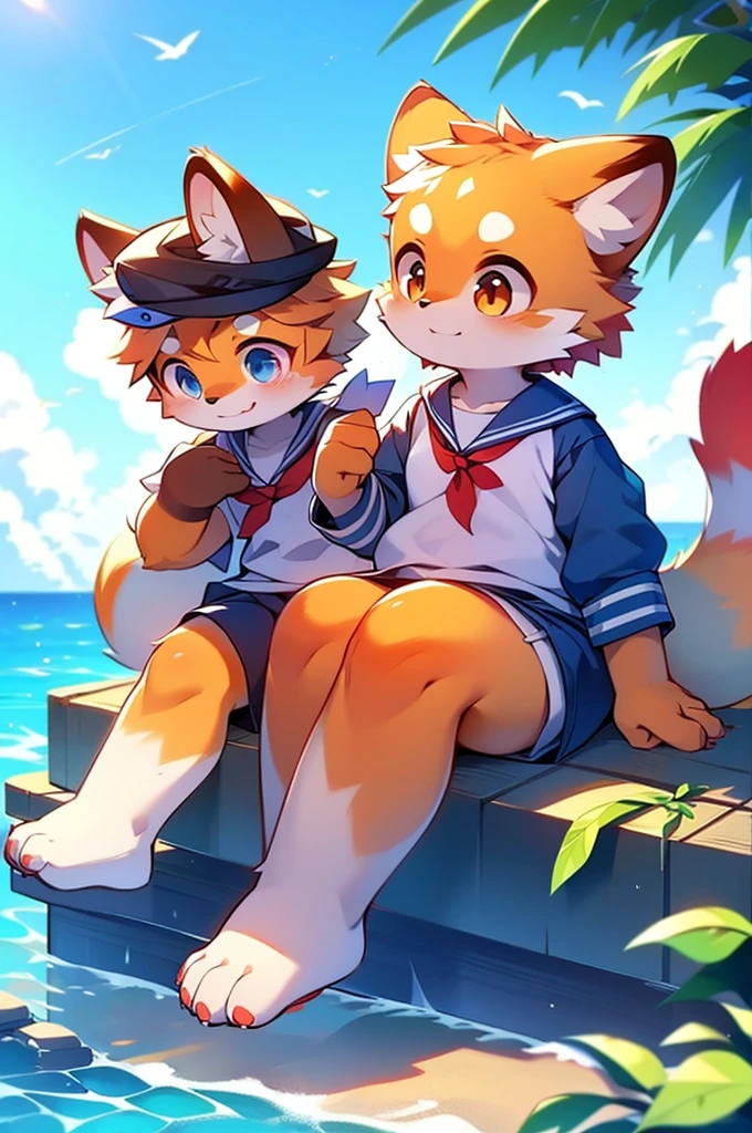Female Red Panda, Ocean, Appeared wearing a sailor uniform!Sitting,fly in the sky，