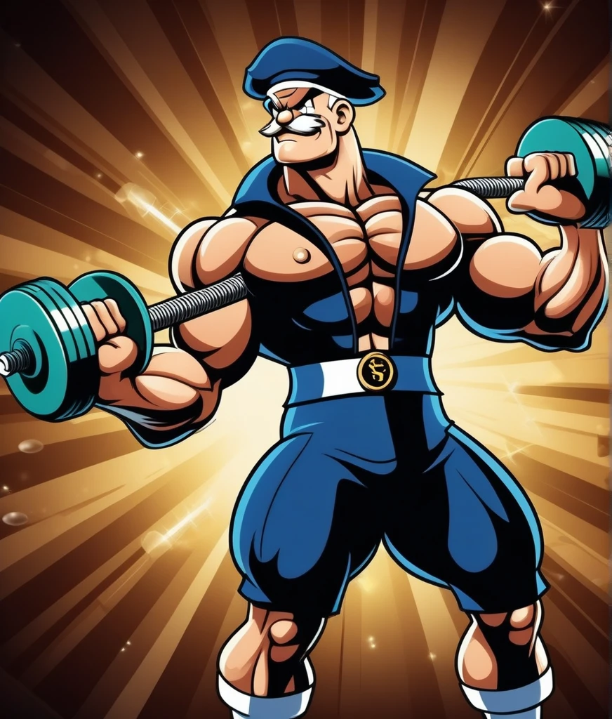 Sailor Popeye faithful to the cartoon, lifting a big dumbbell as a bodybuilding athlete, highlighting your chin and forearm, your muscles well defined, Symmetrical, not exaggerated, harmonic, classic sailor look with pipe, sem beard. with a powerful expression, Determined, force. The background of the image with elements of the work such as spinach, pipe and a gym, like weights, dumbbells, training equipment. With an intense atmosphere. Essence "badass" clenched fists, left eye is white . 35mm photography, film, bokeh, proffesional, 4K, highy detailed . 35mm photography, film, bokeh, proffesional, 4K, highy detailed