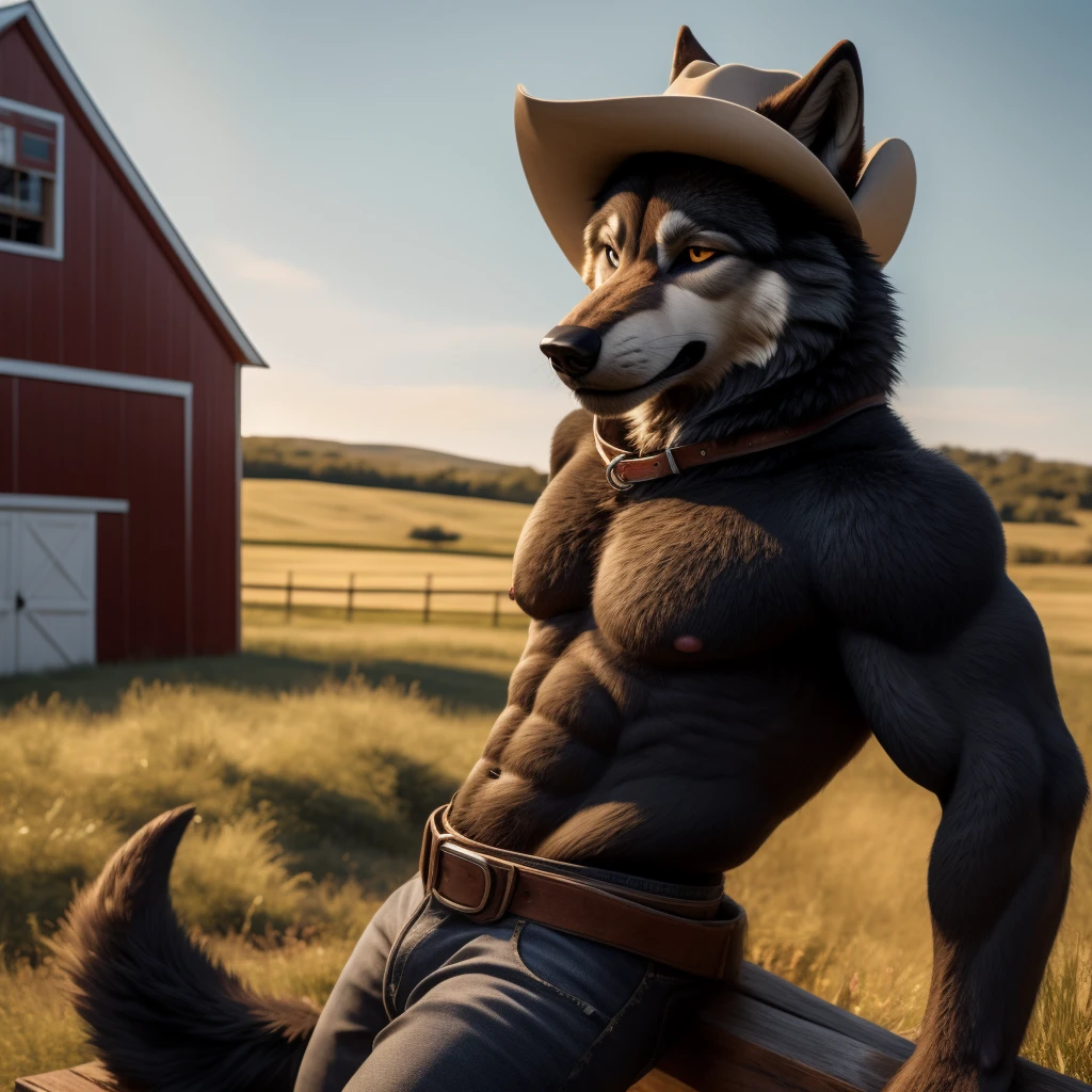 Leaning against barn, Male, 30 years old, relaxing, cool, black leather jacket, anthro, wolf ears coming through cowboy hat, (black fur:1.5), wolf, farm background , 8k, hi res, (best quality, masterpiece), (wolf tail:1.5), detailed fur, solo, looking at camera, day, leashing and collar, large Cowboy hat, shirtless, nipples, bellybutton, abs