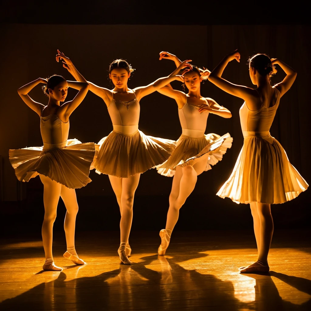 The poster captures a poignant moment in a dimly lit ballet studio. Three teenage ballerinas, each with a distinct presence and expression, are depicted mid-performance. expression, are depicted mid-performance. They wear traditional ballet attire, their delicate costumes softly illuminated by a single spotlight casting gentle shadows around them.
The backdrop of the studio is softly blurred, focusing attention on the dancers and their emotional performance. The studio's ambiance is tranquil yet evocative, enhanced by the soft glow of overhead lights that bathe the scene in a gentle, melancholic
hue.
Please make it aesthetic, ONLY THREE BALLERINAS