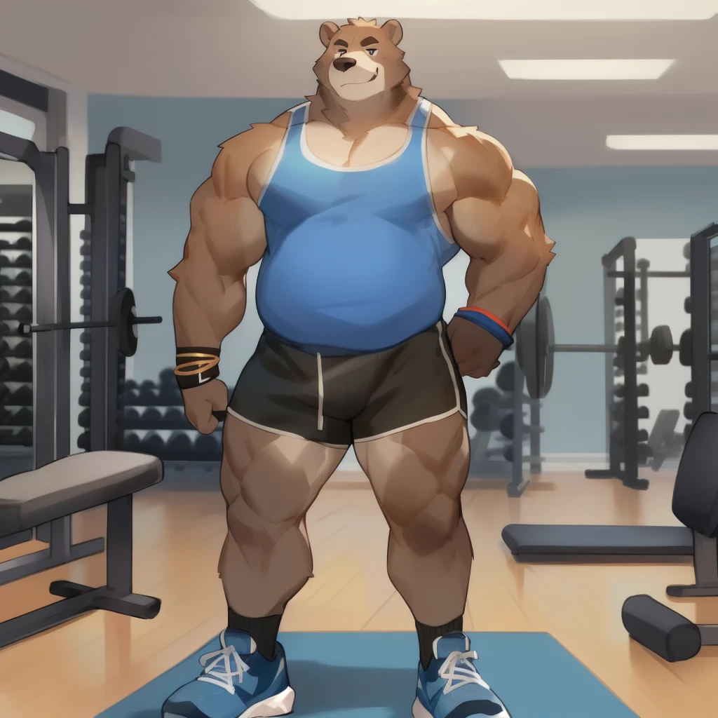 Solo, male, grizzly bear, brown fur, standing, Fitness room, (((muscular, tall, buff, strong, powerful, biceps))), slightly chubby, by bebebebebe, smirking, blue white tank top, black shorts, wristbands and shoes with socks, 