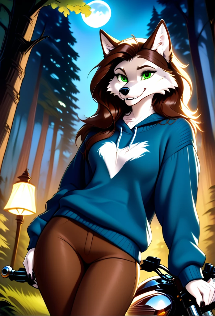 detailed illustration, dynamic angle, ultra-detailed, illustration, 1girl, blue sweater, wolf, white wolfkin, green eyes, standing in woods, disney style, evil grin, cartoon, leaning on a motorcycle, night, bedroom eyes, long brown hair