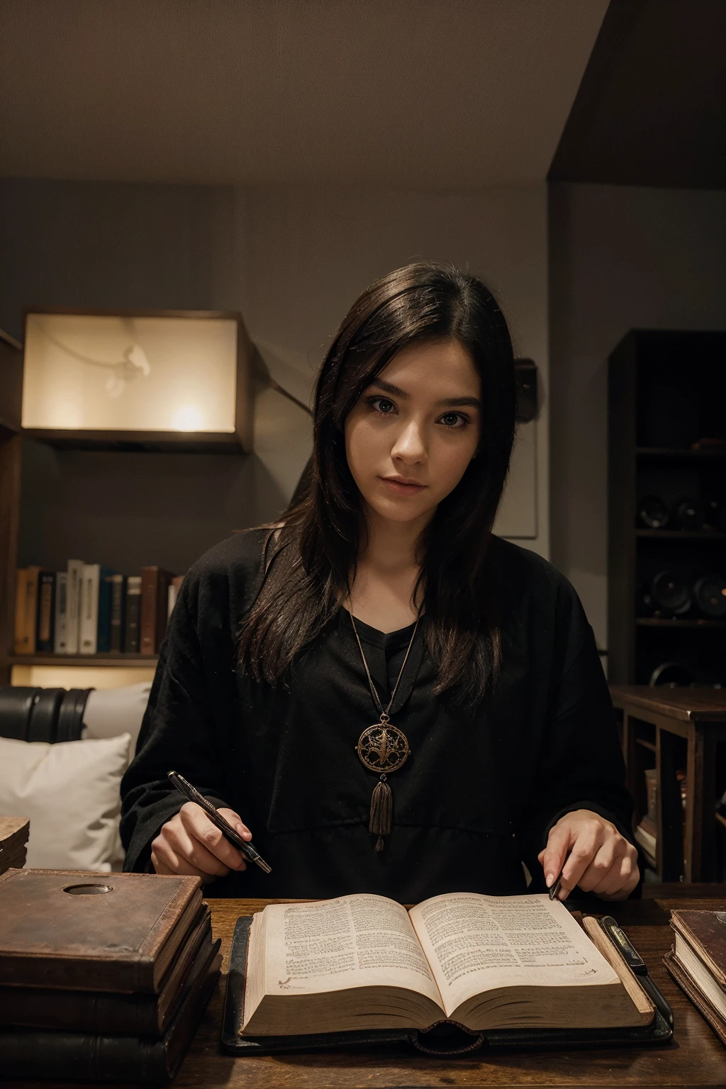A contemporary occultist studying an ARS GOETIA grimoire in a modern setting. The room has a mix of technology and antique elements, with computers, tablets and manuscripts spread across a study table.cinematic,Realistic, cinematic, high 8k resolution,hyperrealism,cinematic lighting, professional photography,