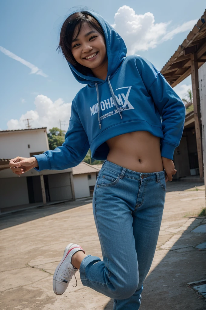 a young Indonesian woman smiling happily short hair tomboy mohwak wearing a hoodie blue and wearing trousers and wearing shoes jodania is flying in the clear sky carried detail photo 8k short angle ultra HD wide 16k super realistic