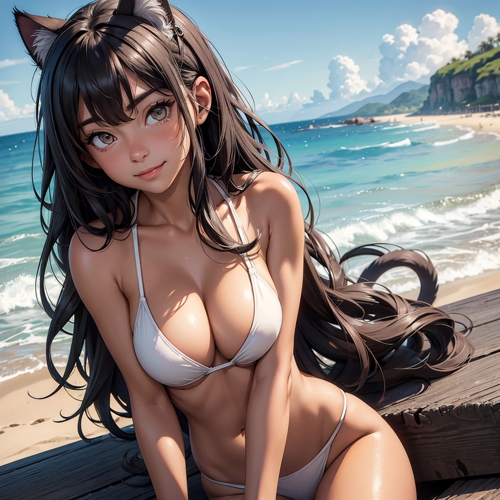 (high resolution, upper body, soft skin:1.2),(best illustration,masterpiece:1.2),ultra-detailed,[(cat ears , gray inside:1.2, brown cat eyes, gray long hair, large breast),vivid colors,sharp focus,portrait, beach lighting,bokeh, wearing a tan bikini, waterfront background, smiling, sitting