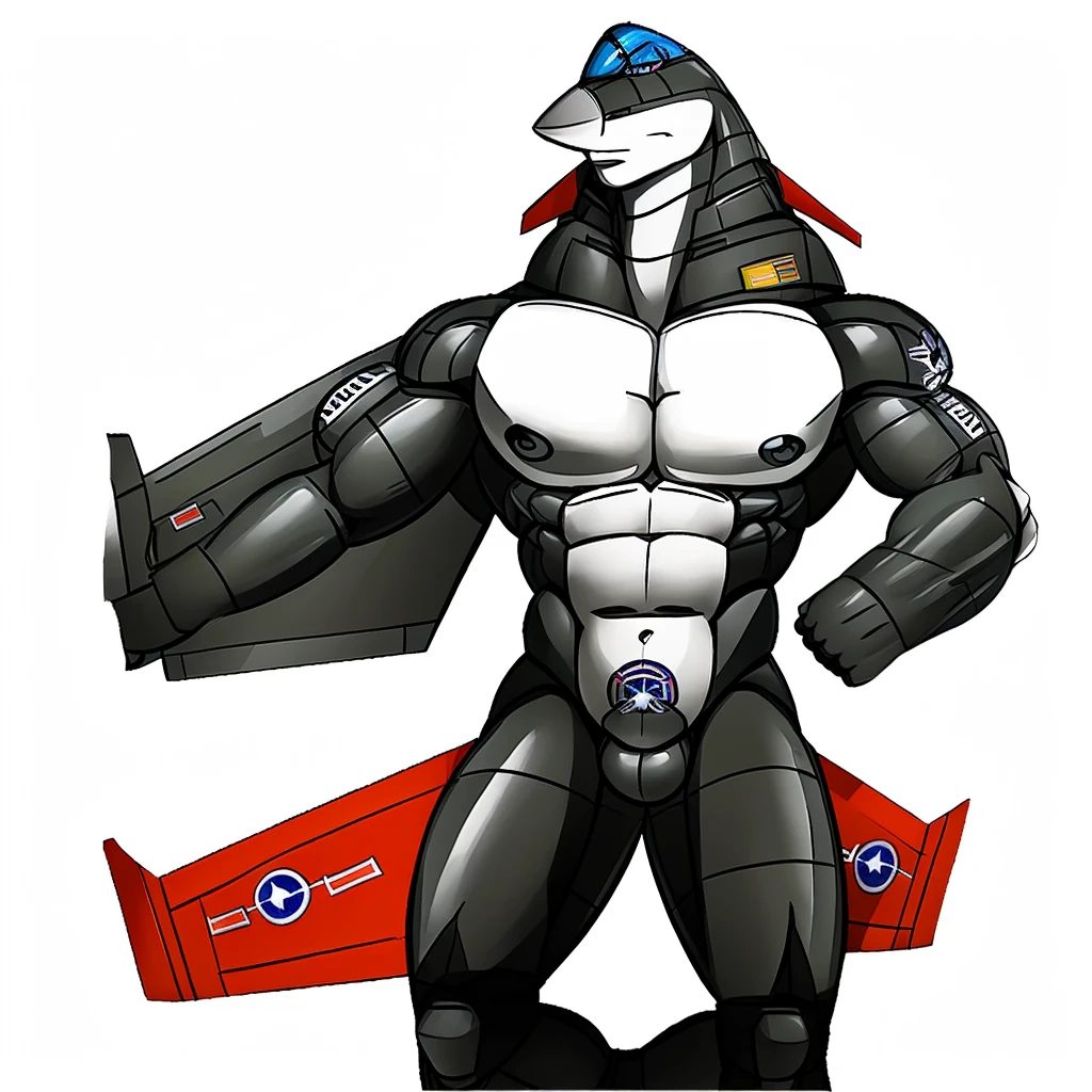 best quality,  masterpiece, detailed, aeromorph, male, flat chest, abs, handsome, highres, blue eyes, wings, fighter jet wings, giant fighter jet wings, grey body, alone