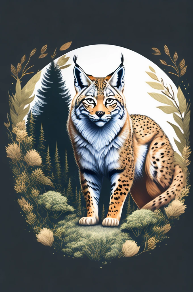 A t-shirt with Lynx, hidden forest, White background, t shirt design, rzminjornada, vectorial art