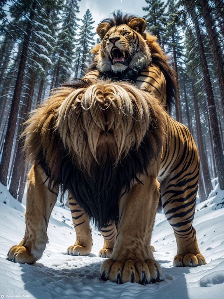 Ligre(hybrid of a male lion and a female tiger). stomach 1.70 meters high. And 4 meters long. Coming out of a pine forest with dark sky and snow falling.