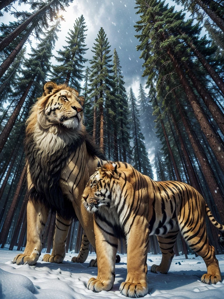 Ligre(hybrid of a male lion and a female tiger). stomach 1.70 meters high. And 4 meters long. Coming out of a pine forest with dark sky and snow falling.