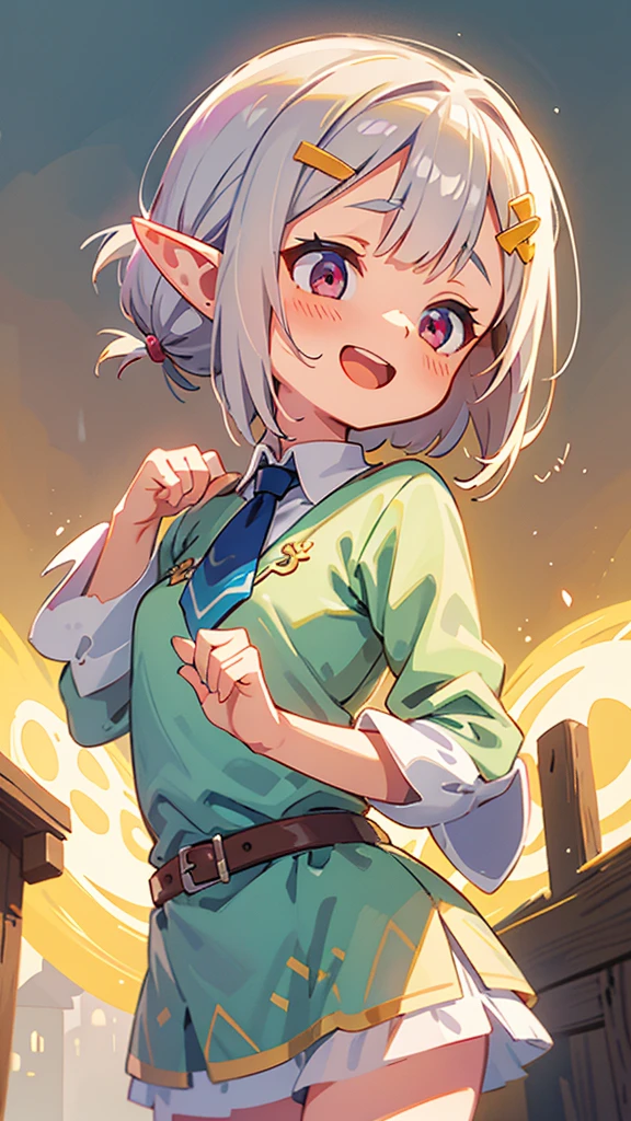 １girl、Small breasts、Angelic Face, Goblins, Elf ear hair, Silver hair and short bob hairstyle、Tie your hair up with a hair clip、Glowing pink round eyes, cute, Yellow peasant tunic, Medieval, Medieval city background, Bust from the neck up, Big smile, Open your mouth, Picturesque、Sharp contours