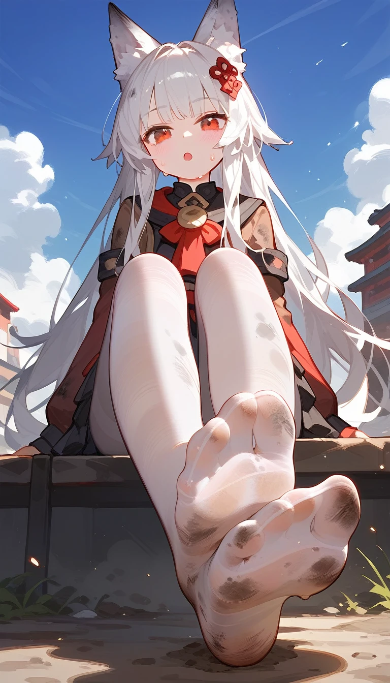 1 Girl,dirty,foot,foot底,Red Eyes，booobs,Solitary,Long hair,White hair,foot趾,foot部焦点,Looking at the audience,sit,Sweat,Open your mouth,dirty foot，outdoor,Sky,Bangs，whitepantyhose，Fox ears，There&#39;s mud on the body，Sailor Suit