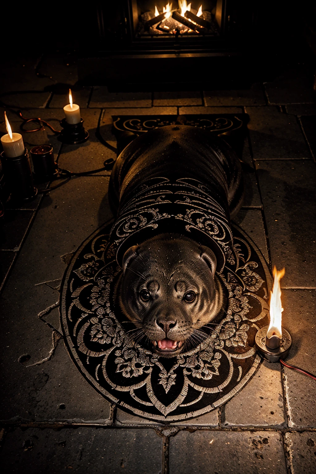 A demonic seal drawn on the floor in intricate detail, lit by flickering torches