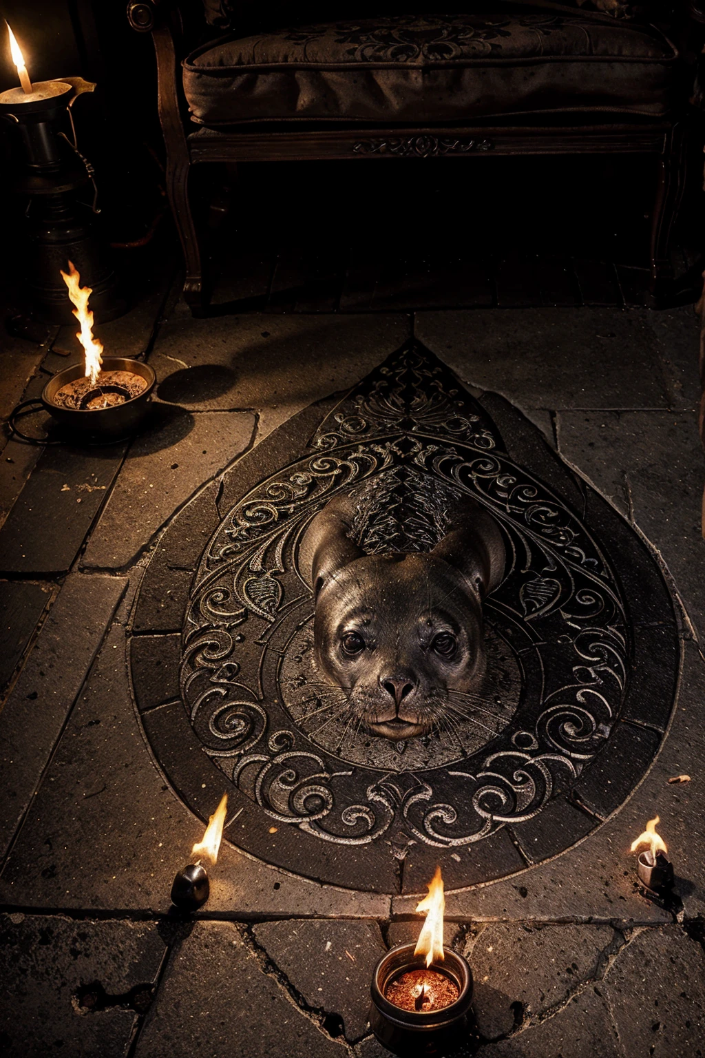 A demonic seal drawn on the floor in intricate detail, lit by flickering torches
