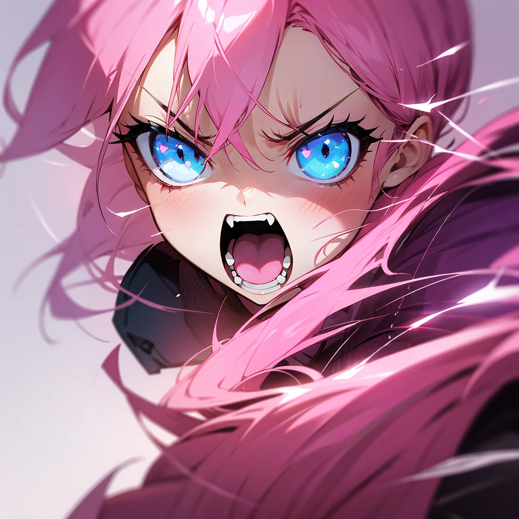 Pink haired girl with blue eyes angry showing some power