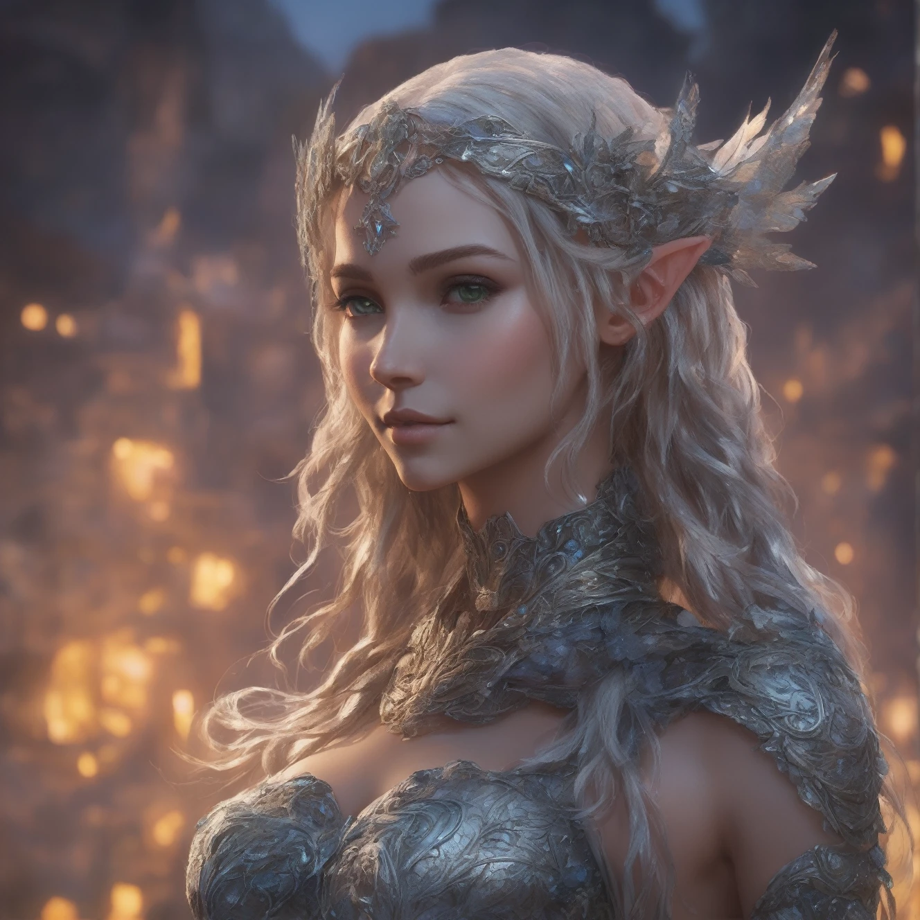 A granite stutue of a beautiful elven maiden. with eyes of saphire. Hair that is made of copper wire. Marble corset. he artwork should be rendered in the style of "Breath of the Wild," featuring warm lighting and shadows. Include graphite shading, stencil marks, and airbrushed acrylic paint effects. The image should be of the highest quality, a masterpiece with intricate details. She should have luscious lips, a wide smile, and bright, expressive eyes, exuding beauty, cuteness, and adorableness. Ensure the image is high resolution and sharply detailed, with a detailed and vibrant background. incorporate mystical lighting in the background, creating a romantic and enchanting atmosphere.

