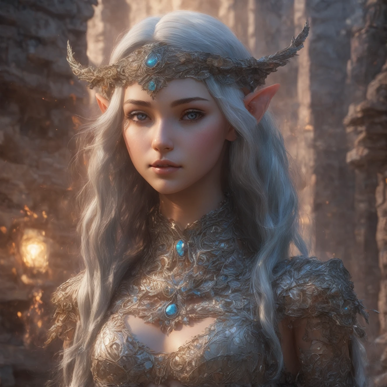 A granite stutue of a beautiful elven maiden. with eyes of saphire. Hair that is made of copper wire. Marble corset. he artwork should be rendered in the style of "Breath of the Wild," featuring warm lighting and shadows. Include graphite shading, stencil marks, and airbrushed acrylic paint effects. The image should be of the highest quality, a masterpiece with intricate details. She should have luscious lips, a wide smile, and bright, expressive eyes, exuding beauty, cuteness, and adorableness. Ensure the image is high resolution and sharply detailed, with a detailed and vibrant background. incorporate mystical lighting in the background, creating a romantic and enchanting atmosphere.