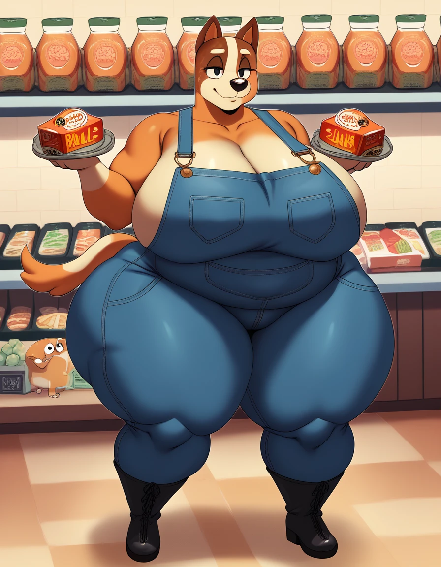 chilliheeler, eye spot, furry female, anthro, huge thighs, huge hips, huge ass, huge breasts, detailed background, obese, realistic, detailed face, S2Z0n1c21.5XL style, shortstack, facing viewer, front view, australian cattle dog, toony, orange fur, standing, at grocery store, holding a box of trix, leaning back, denim overalls, boots