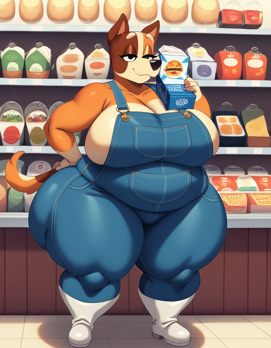 chilliheeler, eye spot, furry female, anthro, huge thighs, huge hips, huge ass, huge breasts, detailed background, obese, realistic,  detailed face, S2Z0n1c21.5XL style, shortstack, facing viewer, front view, australian cattle dog, toony, orange fur, standing, at grocery store, holding a box of trix, leaning back, denim overalls, boots