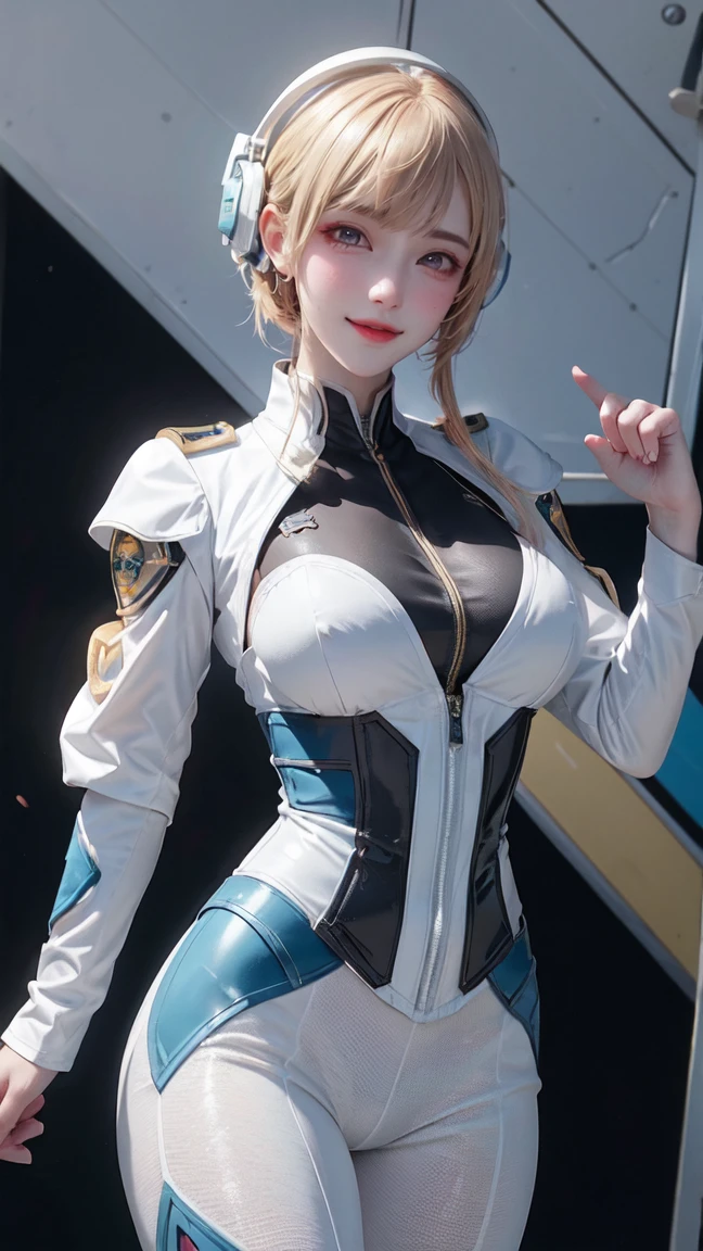 Gwen Tennyson,1 girl,marker,Elsa,Rebecca Chambers,watch,Gundam,close up,mecha pilot,aircraft carrier deck,white and blue jumpsuit,clip,pirate corset, white long sleeve lycra blouse,legging laranja,shorth hair,Cute makeup,greeneyes,orange hair with aqua highlights,shy smile, freckles,redheadwear,beautiful girl,breasts big,ultra detaild,realisitic,Fantasyart, gaming headset,Pilot jacket,helicopter,