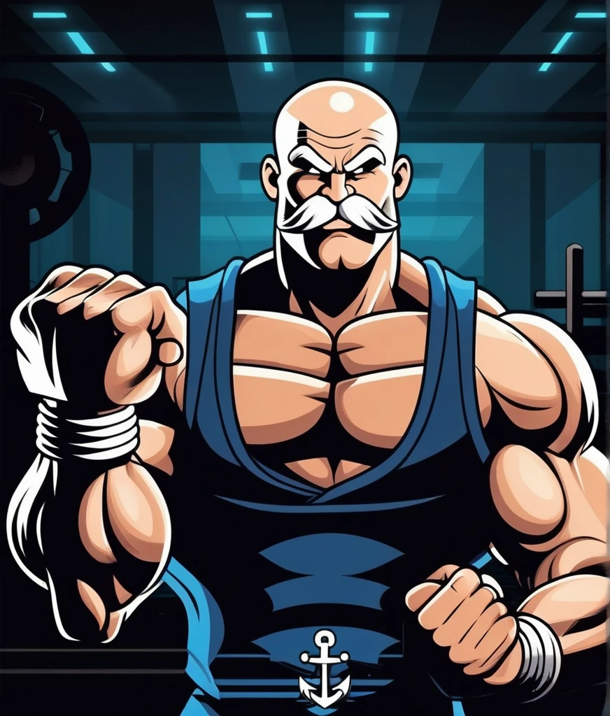 Sailor Popeye faithful to the cartoon, lifting a big dumbbell as a bodybuilding athlete, highlighting your chin and forearm, your muscles well defined, Symmetrical, not exaggerated, harmonic, classic sailor look with pipe, sem beard. with a powerful expression, Determined, force. The background of the image with elements of the work such as spinach, pipe and a gym, like weights, dumbbells, training equipment. With an intense atmosphere. Essence "badass" clenched fists, left eye is white . 35mm photography, film, bokeh, proffesional, 4K, highy detailed . 35mm photography, film, bokeh, proffesional, 4K, highy detailed