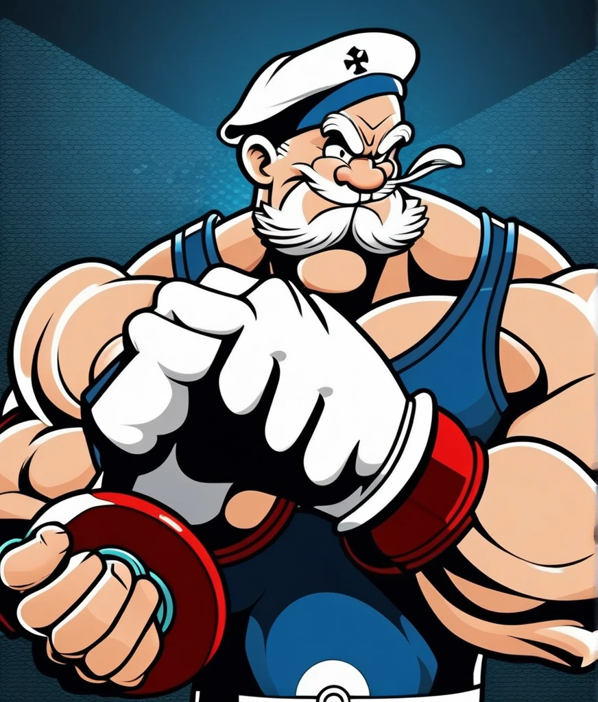 Sailor Popeye faithful to the cartoon, lifting a big dumbbell as a bodybuilding athlete, highlighting your chin and forearm, your muscles well defined, Symmetrical, not exaggerated, harmonic, classic sailor look with pipe, sem beard. with a powerful expression, Determined, force. The background of the image with elements of the work such as spinach, pipe and a gym, like weights, dumbbells, training equipment. With an intense atmosphere. Essence "badass" clenched fists, left eye is white . 35mm photography, film, bokeh, proffesional, 4K, highy detailed . 35mm photography, film, bokeh, proffesional, 4K, highy detailed