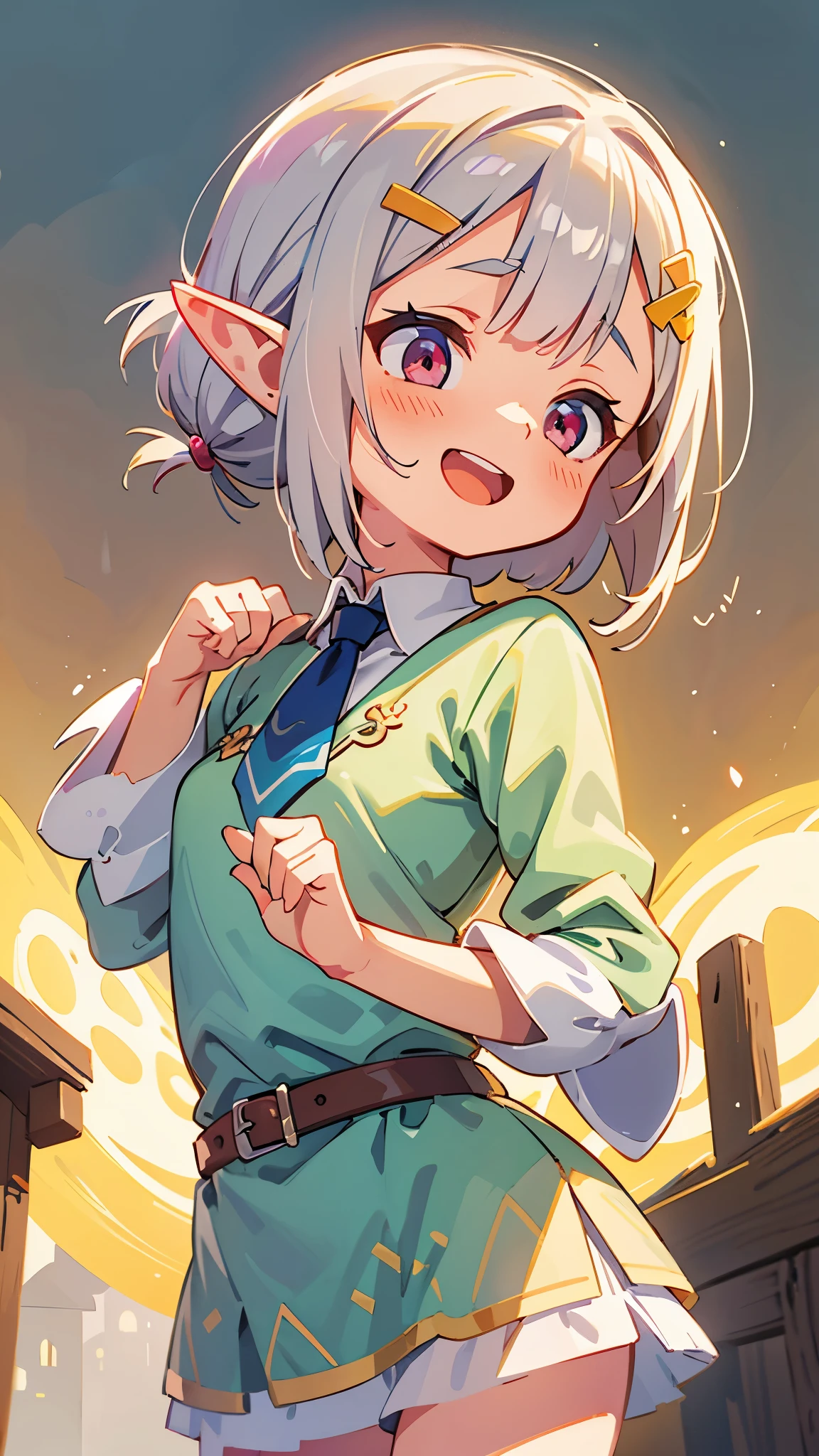 1girl、Small breasts、Angelic Face, Goblins, Elf ear hair, Silver hair and short bob hairstyle、Tie your hair up with a hair clip、Glowing pink round eyes, cute, Yellow peasant tunic, Medieval, Medieval city background, Bust from the neck up, Big smile, Open your mouth, Picturesque、Sharp contours