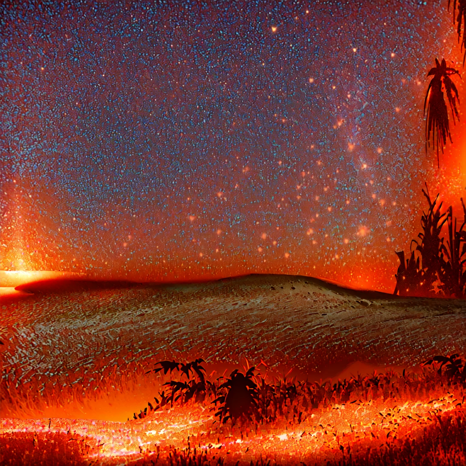 master piece, 8k detail. landscape comic book painting of a beach with red hot lava ground/ sand. hot and clear night highly-detailed, background artwork, desert oasis background, palm trees on right edge of frame. sky with night stars, sea reflects night stars, tropical island, sand is on fire on red spots., flames come off red hot sand, smoke lifts off sand on right side, dark grass is closer to viewer on bottom left edge of scene.