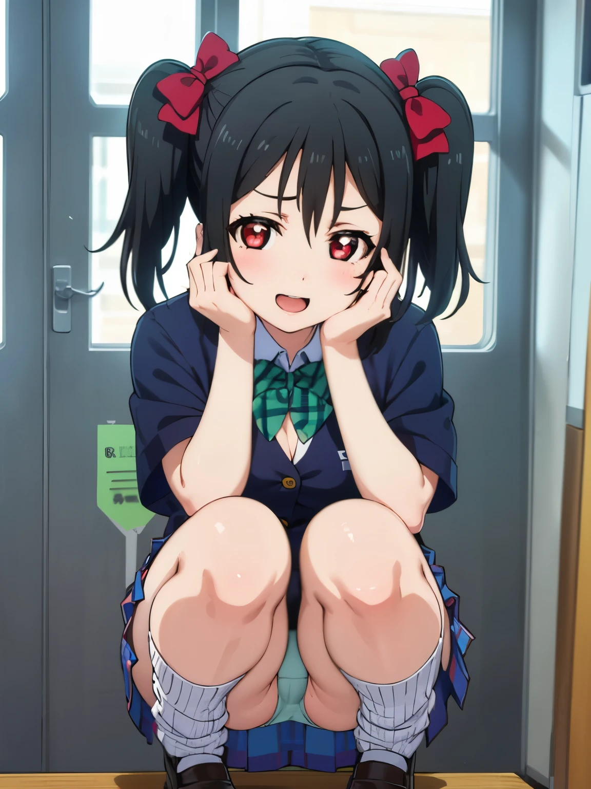 from the front,Pay attention to the panties,Quality underwear,Black Panties,Flat Chest
,break,
Nico Yazawa, Flat Chest,Black Hair, (Red eyes:1.5), Twin tails, hair bow, bow, red bow,
,break,
Improve, shirt, Plaid, bow, blush, white shirt, hair ornaments, Manicure, Plaid skirt, bowtie, Pleated skirt, Cleavage
,break, 
{{{Shadowed face}}}, Mischievous Smile, mock, Laugh out loud, Smile, Open your mouth, Looking down at the viewer, masterpiece,Absurd, Beautifully detailed face
,break,
,Squat,Looking down at the viewer,Squatting, 
((Tabletop,High resolution)), Tabletop, Highest quality, , Absurd, Perfect Skin, Detailed skin texture, Ultra-detailed, 8K, Intricate details, Beautifully detailed face,High resolution, One girl ,from the front.
indoor,locker room (Perfect hands, Perfect Anatomy),