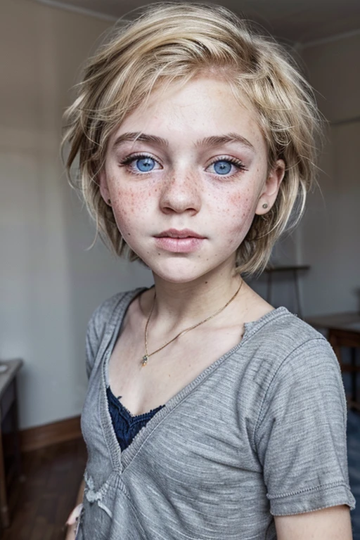 12 year old age girl, orphan from the orphanage, Hooligan, Mischievous, (flat chest:1.5), old wrinkled grayish T-shirt with sleeves, unevenly cut very tousled and disheveled dirty hair to the shoulders, blonde, Beautiful round face, blue eyes, Long eyelashes, piercing gaze, closed mouth, thin build, Abundance of large freckles, moles, room in need of renovation in the old Soviet dormitory of an orphanage, Dim lighting, faded gray tones, masterpiece, complex part, Ideal Anatomy