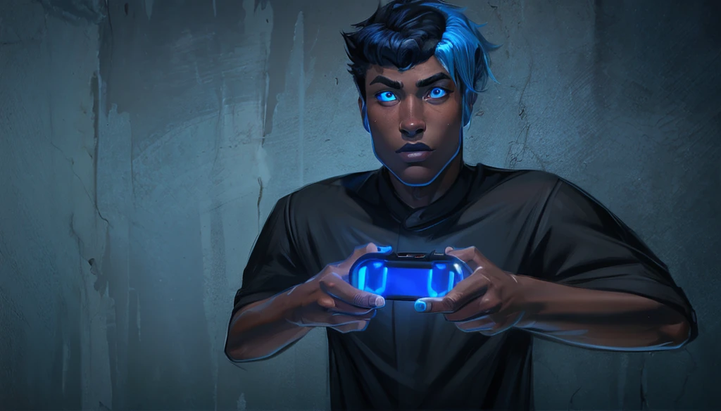 A black teenager with blue hair on the sides and black on top, eyes with light blue and dark blue heterochromia, wearing a black shirt, playing video game, work of art, style cartoon