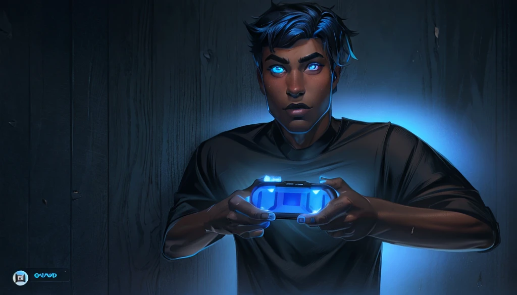 A black teenager with blue hair on the sides and black on top, eyes with light blue and dark blue heterochromia, wearing a black shirt, playing video game, work of art, style cartoon