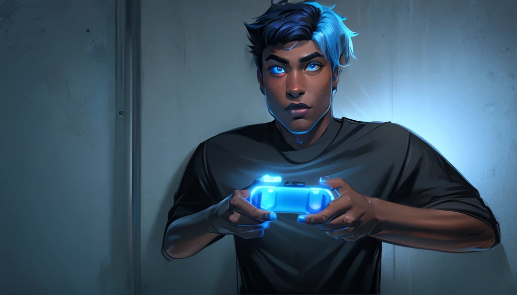 A black teenager with blue hair on the sides and black on top, eyes with light blue and dark blue heterochromia, wearing a black shirt, playing video game, work of art, style cartoon