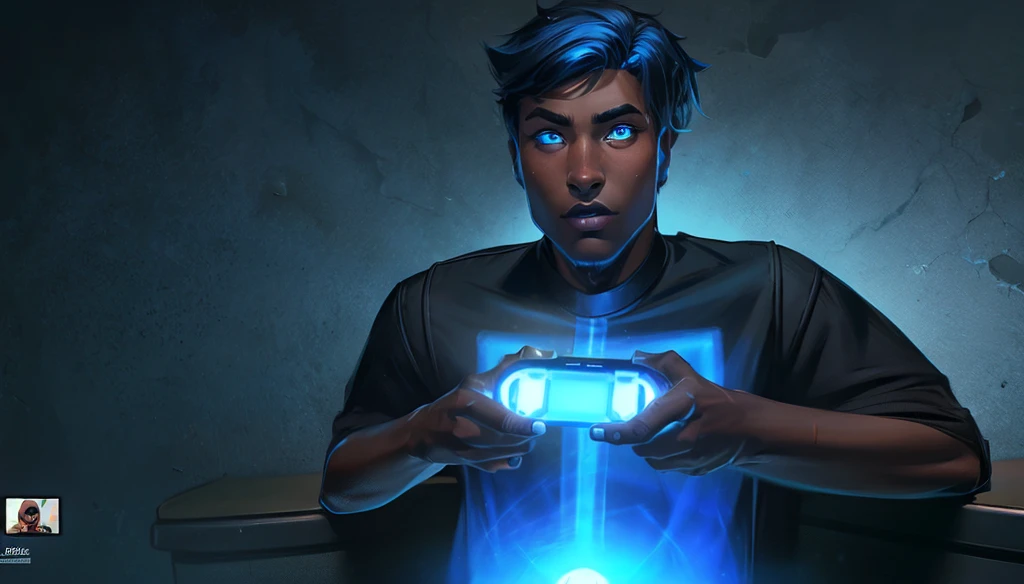 A black teenager with blue hair on the sides and black on top, eyes with light blue and dark blue heterochromia, wearing a black shirt, playing video game, work of art, style cartoon