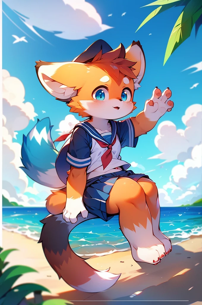 4K quality，high resolution， Female Red Panda, Ocean, Appeared wearing a sailor uniform!  Sitting,fly in the sky，