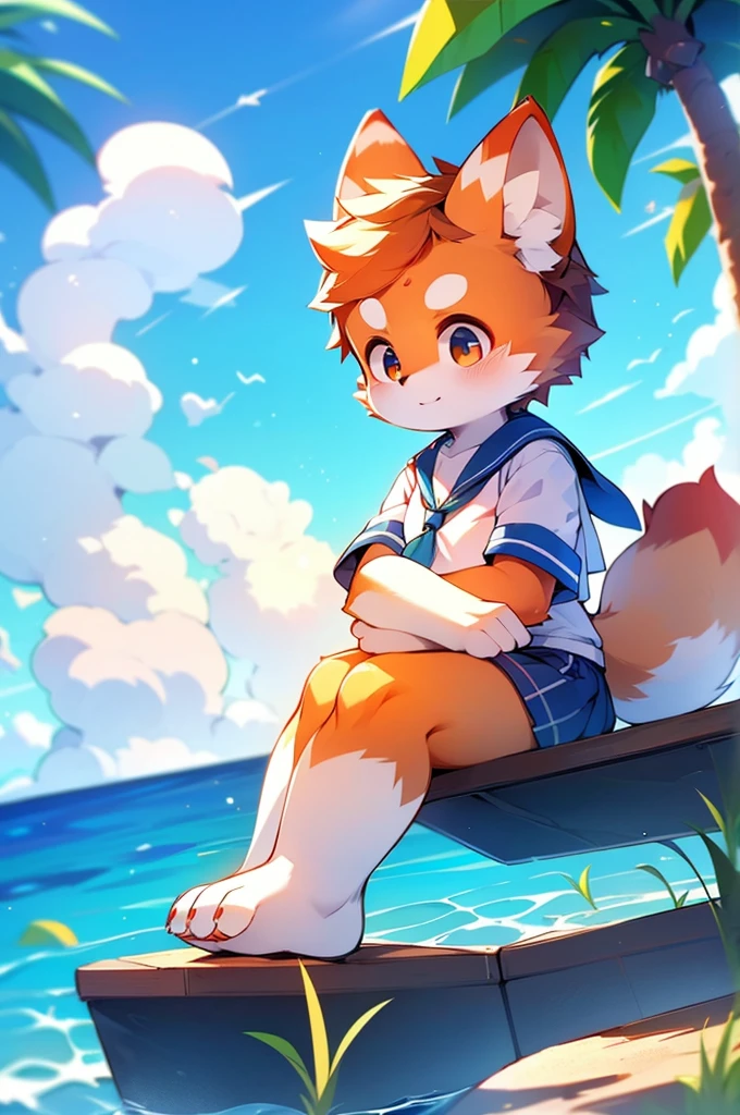 4K quality,high resolution, Female Red Panda, Ocean, Appeared wearing a sailor uniform! Sitting,fly in the sky,