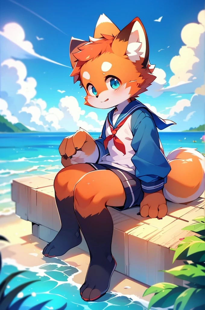 4K quality，high resolution， Female Red Panda, Ocean, Appeared wearing a sailor uniform!  Sitting,fly in the sky，