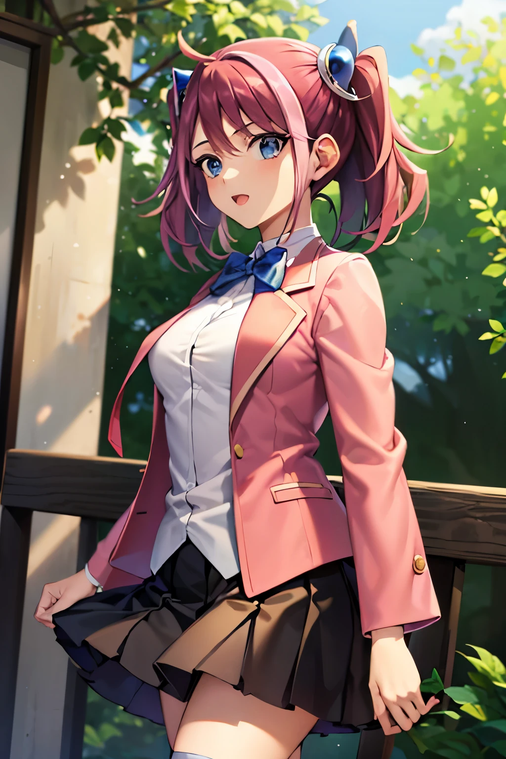 masterpiece, best quality, highres, 1girl, solo, aamazaki, (antenna hair:1.2), small breasts, blue bowtie, pink jacket, blazer, long sleeves, blue skirt, pleated skirt, hy1, hair ornament, multicolored hair, necktie, skirt, sleeveless, , black thighhighs, jewelry, happy, cowboy shot, outdoors, forest, ((oversized clothes))